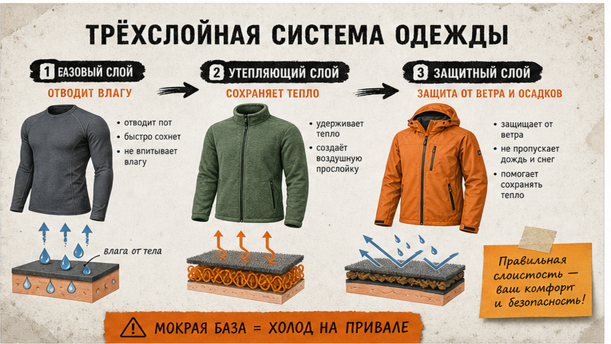 Схема трёх слоёв одежды в походе: базовый слой отводит пот, средний греет, внешний защищает