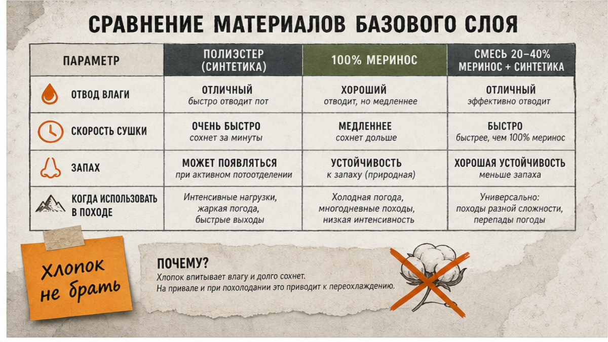 Таблица сравнения материалов термобелья: меринос, синтетика и смеси для похода