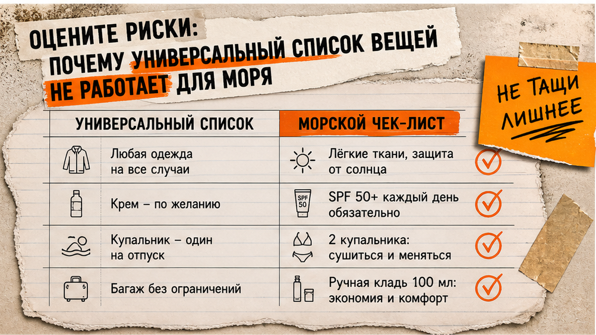 Сравнение универсального списка вещей и специализированного чек-листа для моря