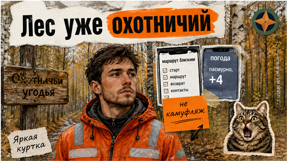 Вымышленный турист в яркой оранжевой куртке у таблички охотничьих угодий в осеннем лесу