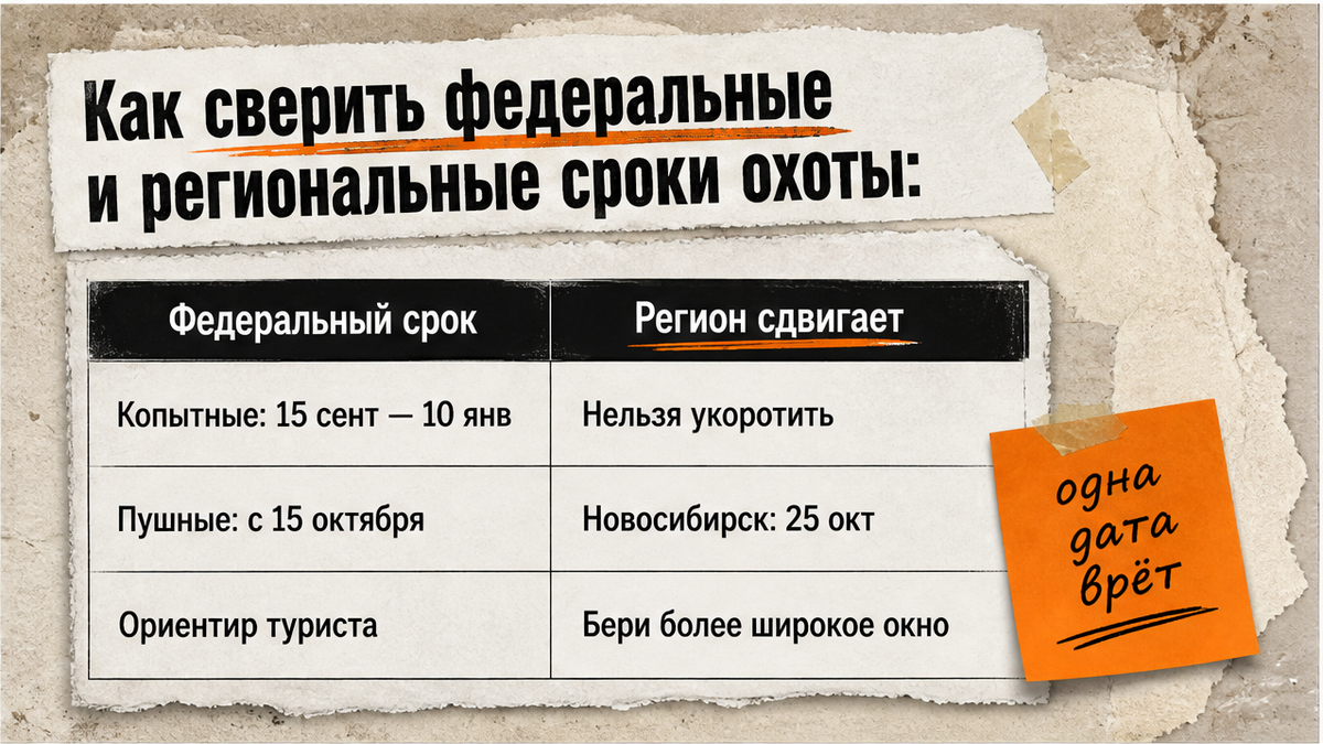 Таблица: федеральные сроки охоты слева и региональный сдвиг справа