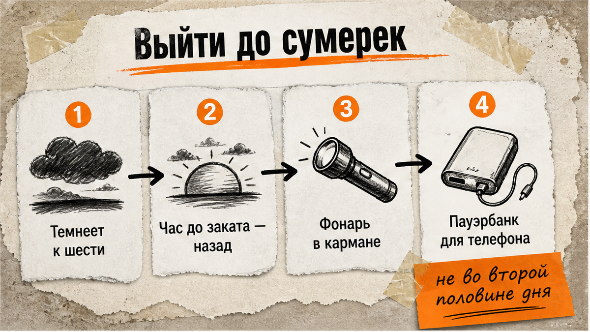 Схема: вернуться из леса за час до сумерек, взять фонарь и пауэрбанк