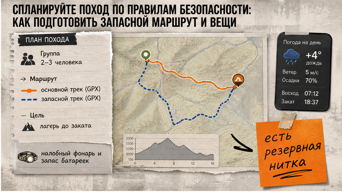 Скрин карты маршрута: основной GPX, запасной трек, группа 2–3 человека и фонарь до заката