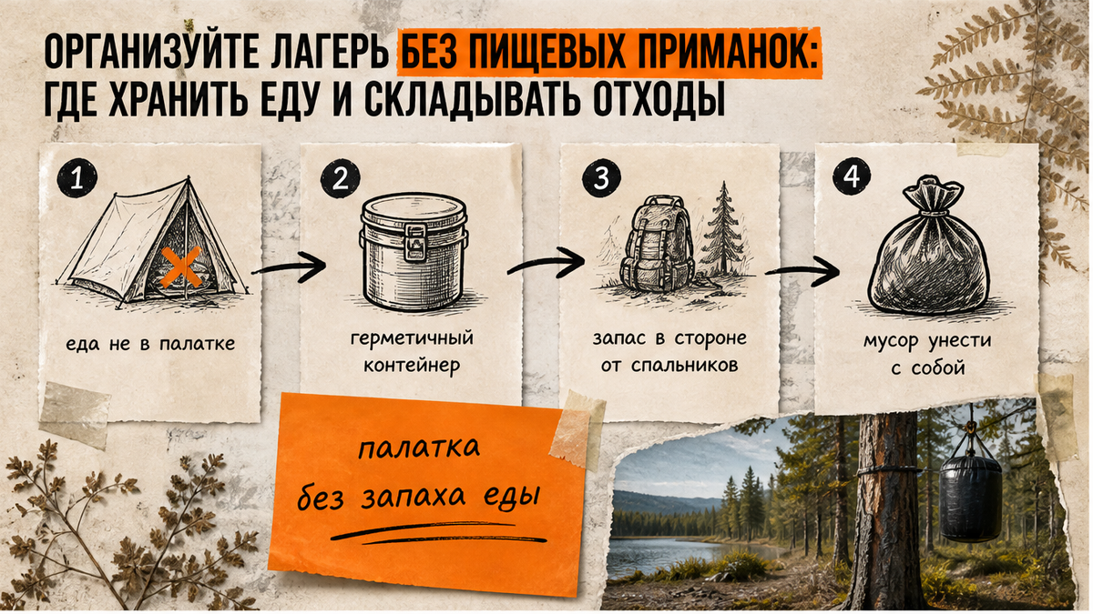 Схема лагеря без пищевых приманок: еда вне палатки, герметичный контейнер, запас в стороне, мусор с собой