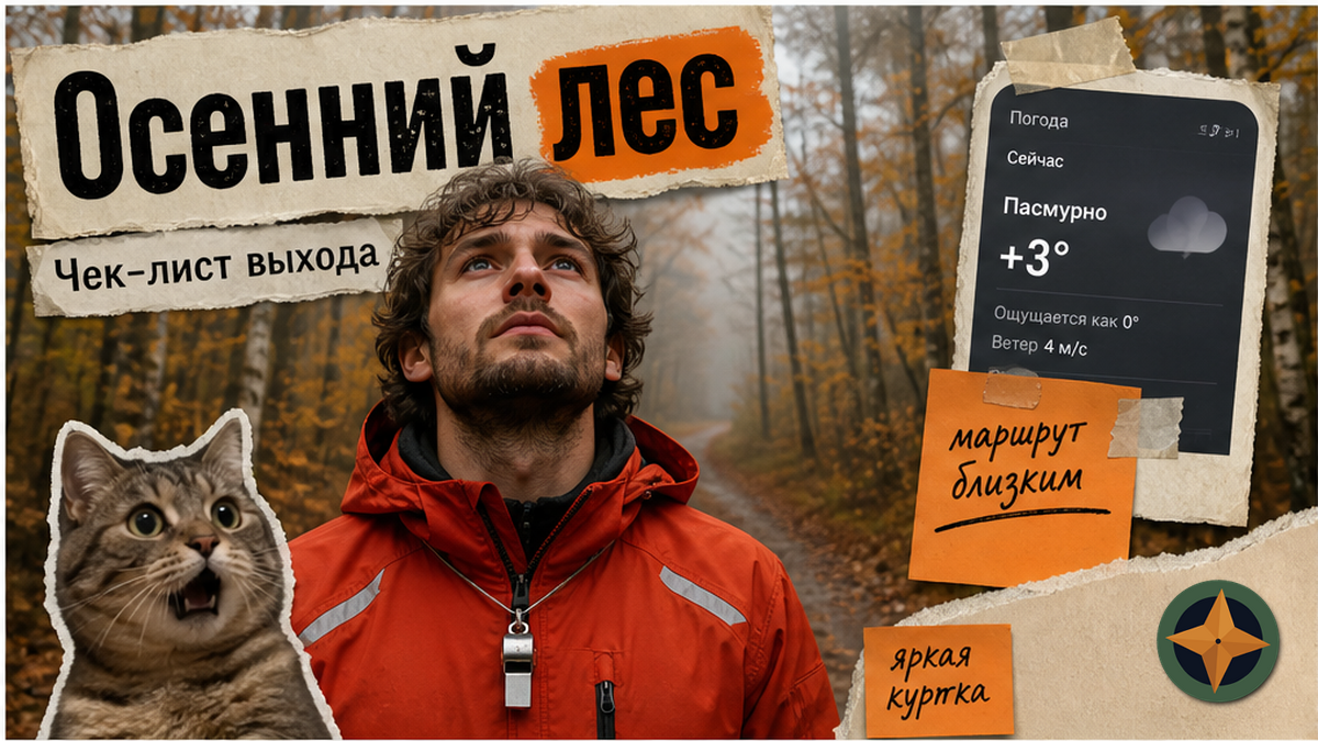 Походник в яркой куртке на осенней лесной тропе, свисток на груди