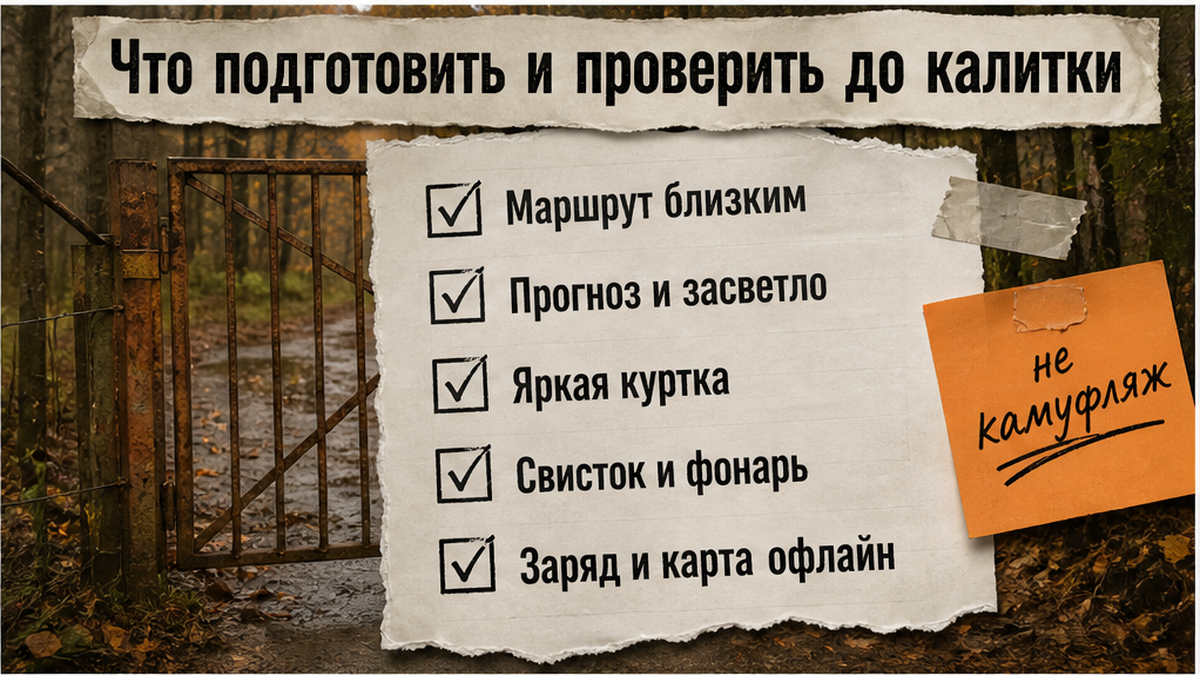 Чеклист перед выходом в осенний лес: маршрут близким, погода, яркая куртка, свисток и заряд
