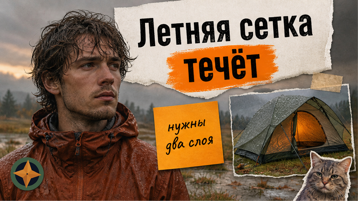 Вымышленный походник на мокрой октябрьской поляне рядом с двухслойной палаткой с тамбуром