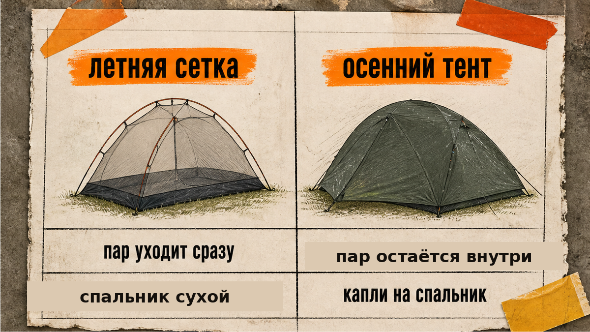 Слева летняя сетка: пар уходит сразу и спальник сухой. Справа осенний тент: пар остаётся внутри и капли падают на спальник