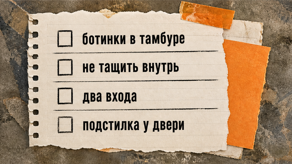 Чеклист тамбура: мокрые ботинки снаружи, два входа и подстилка у двери