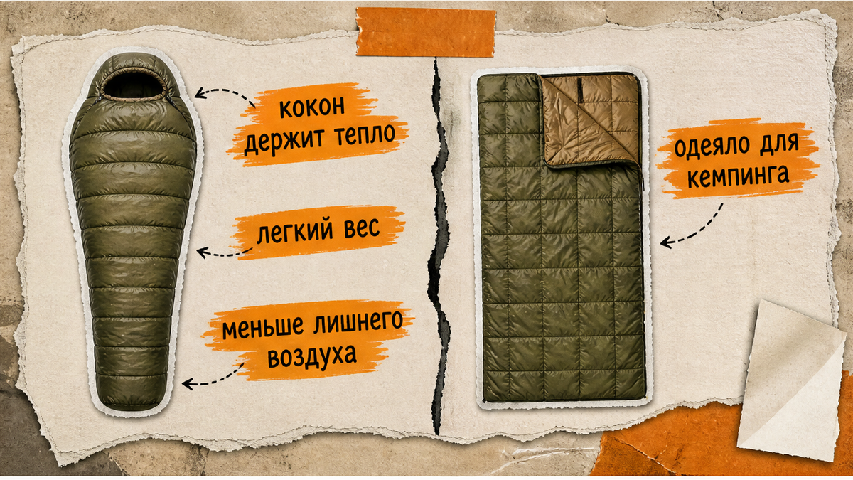 Сравнение форм спальника: кокон держит тепло, одеяло для кемпинга, легкий вес и меньше лишнего воздуха