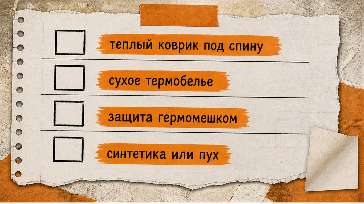 Чеклист системы сна: теплый коврик под спину, сухое термобелье, защита гермомешком, синтетика или пух